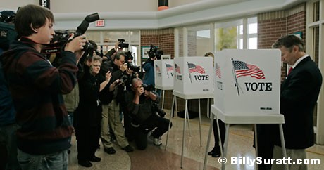 Rand Paul voting Tea Party Republican Senate nominee Dr. Rand Paul (right) marked his ballot while voting on Tuesday, Nov. 2, 2010 at Briarwood Elementary School in Bowling Green, Ky. Paul's wife voted next to him in the center booth. (Apex MediaWire Photo by Billy Suratt) (US NEWSPAPERS ONLY - ALL OTHER LICENSORS CONTACT ZUMAPRESS.COM)
