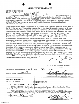 Copy of the original general sessions court affidavit and arrest warrant  for Memphis reporter Jason Miles following an apparent New Year's Eve altercation with police on Beale Street.