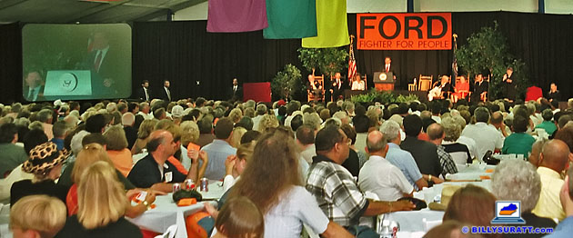 Vice President Al Gore addresses a crowd of more than 2,000 people crowded into a tent at the Kentucky Horse Park for a tribute honoring retiring Sen. Wendell H. Ford on Saturday, July 18, 1998 in Lexington, Ky. "Wendell Ford has done more good things for more people than probably any other Kentuckian in the 20th century," Gore said. (Photo © 1998 Billy Suratt/Apex MediaWire)