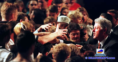 President Bill Clinton works the crowd after delivering a speech about stopping teen smoking on Thursday, April 9, 1998 in the gymnasium of Carroll County High School in Carrollton, Ky. (Apex MediaWire Photo by Billy Suratt)