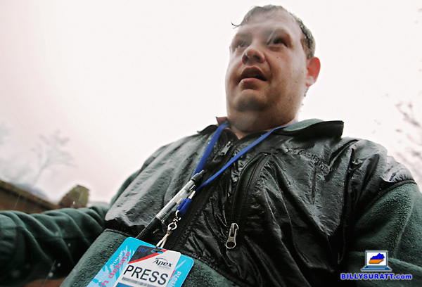 Mid-South photojournalist and Kentucky photographer Billy Suratt getting soaked by rain while on the campaign trail covering former House Speaker New Gingrich's 2012 presidential campaign in South Carolina.