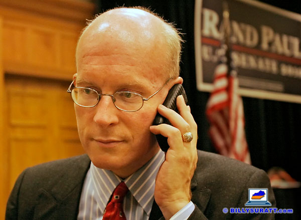 David Adams talks on his Verizon Wireless BlackBerry smartphone following a Tea Party rally for Republican Senate nominee Dr. Rand Paul on Saturday, Oct. 2, 2010 at the Holiday Inn Cincinnati-Airport hotel in Erlanger, Ky. Adams managed Paul's primary campaign but was replaced in the general election. (Apex MediaWire Photo by Billy Suratt) (US NEWSPAPERS ONLY - ALL OTHER LICENSORS CONTACT ZUMAPRESS.COM)