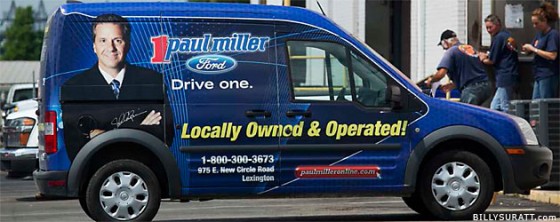 One of sports photographer David Coyle's images of University of Kentucky men's basketball coach John Calipari adorning the side of a Paul Miller Ford vehicle. This image was included in the case file of Coyle's copyright-infringement lawsuit against UK to illustrate one of the alleged infringements.