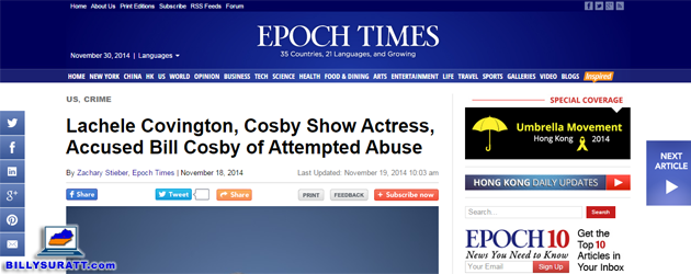 This Nov. 30, 2014 screen capture shows an erroneous Epoch Times story published Nov. 18, 2014 under the headline "Lachele Covington, Cosby Show Actress, Accused Bill Cosby of Attempted Abuse." Covington was an actress on "Cosby," a CBS sitcom which ran from 1996 to 2000. "The Cosby Show" aired on NBC from 1984 to 1992.