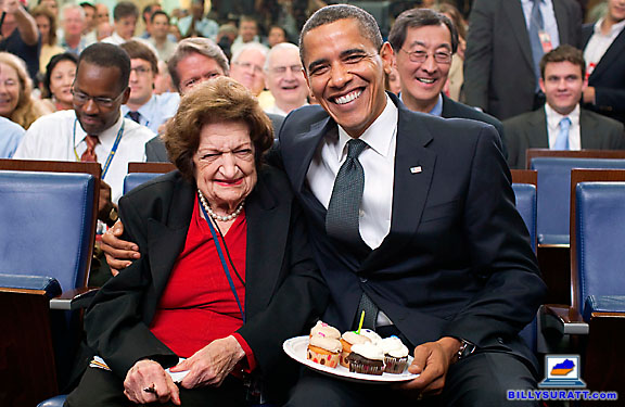 President Barack Obama presents cupcakes with a candle to Hearst White House columnist Helen Thomas in honor of her 89th birthday (shared with Obama's 48th birthday) on Tuesday, Aug. 4, 2009 in the Brady Press Briefing Room at the White House in Washington, D.C. Thomas died July 20, 2013 at age 92. (Apex MediaWire Photo by Pete Souza/White House)