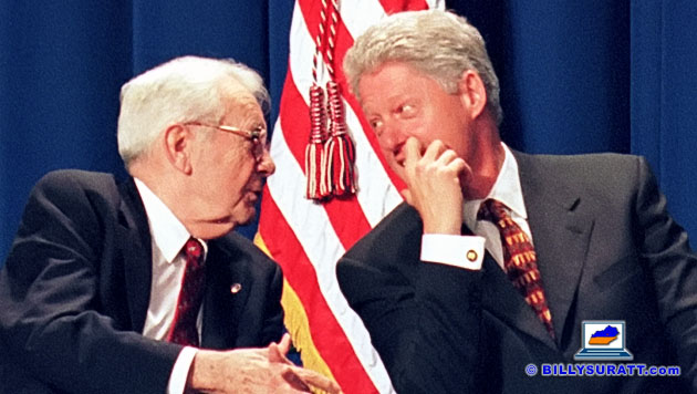 Democratic Senate Minority Whip Wendell Ford (left), then 73, chatted with President Bill Clinton before the president delivered a speech about curbing teen smoking on Thursday, April 9, 1998 at Carroll County High School in Carrollton, Ky. The event took place one day after tobacco companies pulled out of a proposed national legal settlement. An unapologetic longtime smoker himself, Ford died Jan. 22, 2015 at age 90 following a bout with lung cancer. (Photo © 1998 Billy Suratt/Apex MediaWire)