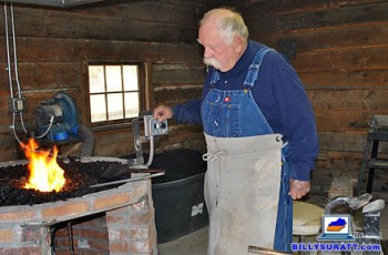 Wilford Brimley, 79, works in the blacksmith's cabin at his Wyoming Horse Ranch near Greybull, Wyo. Brimley, who made his living as a rodeo rider and blacksmith before becoming an actor in the 1950s, is trying to sell the ranch for $1.25 million. (Real estate listing photo courtesy of Hall and Hall)